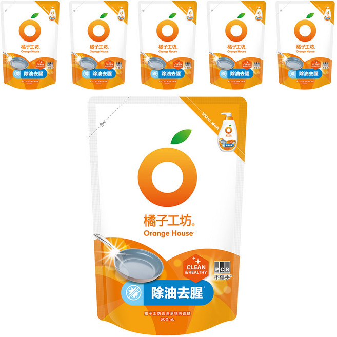 ORANGE HOUSE 橘子工坊 去油淨味 碗盤洗滌液 補充包, 500ml, 6包