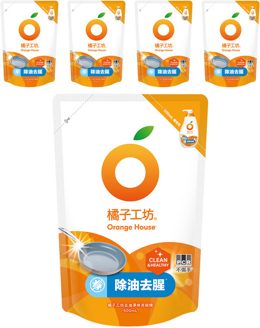 ORANGE HOUSE 橘子工坊 去油淨味 碗盤洗滌液 補充包, 500ml, 5包