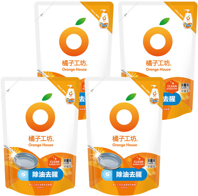 ORANGE HOUSE 橘子工坊 去油淨味 碗盤洗滌液 補充包, 500ml, 4包