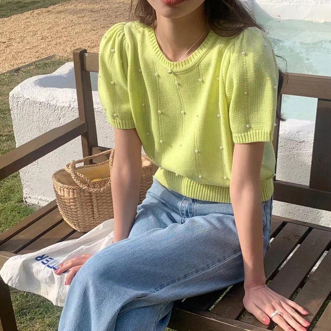 PEONIST 女款佩爾西珍珠串珠短袖針織衫