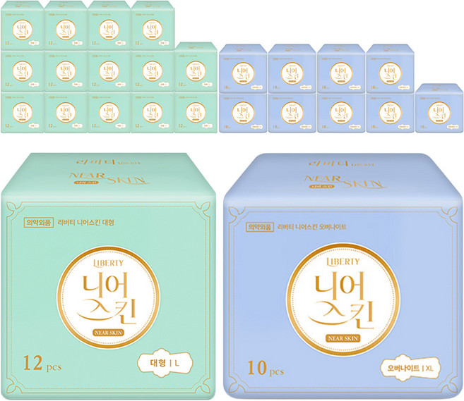 리버티 니어스킨 생리대 대형 날개형 12p x 3팩 + 오버나이트 날개형 10p x 2팩 세트, 56개입, 5세트