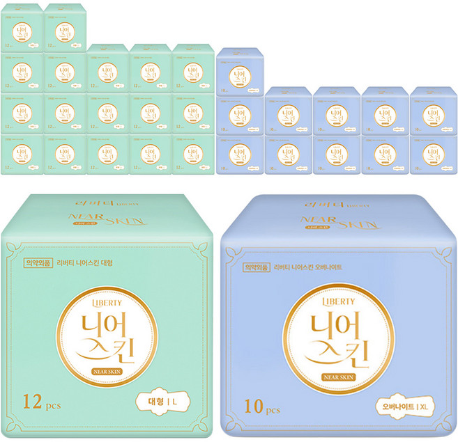 리버티 니어스킨 생리대 대형 날개형 12p x 3팩 + 오버나이트 날개형 10p x 2팩 세트, 56개입, 6세트