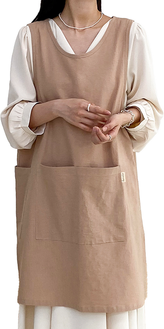 한스데이 국내 제조 단추형 트임 린넨 앞치마, 웜베이지, 1개