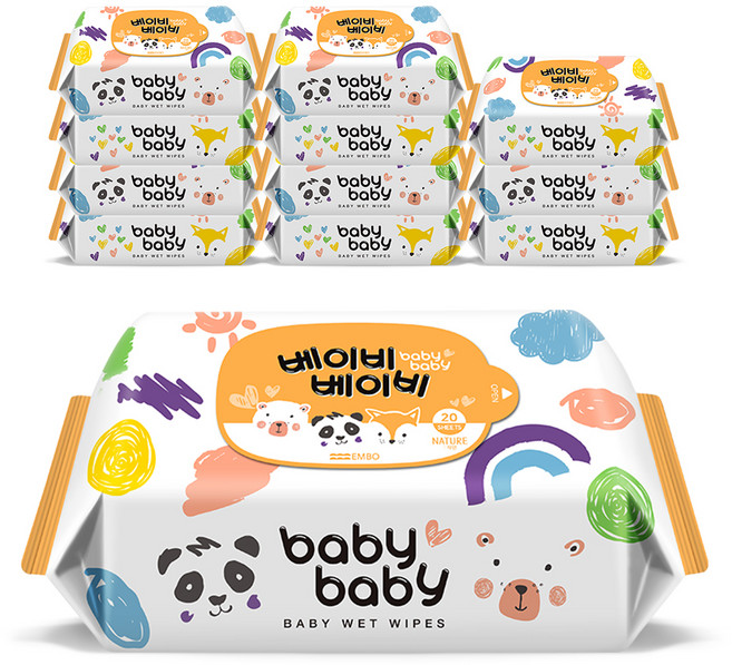 베이비베이비 아기 물티슈 휴대용 리필형, 62g, 20매, 12개