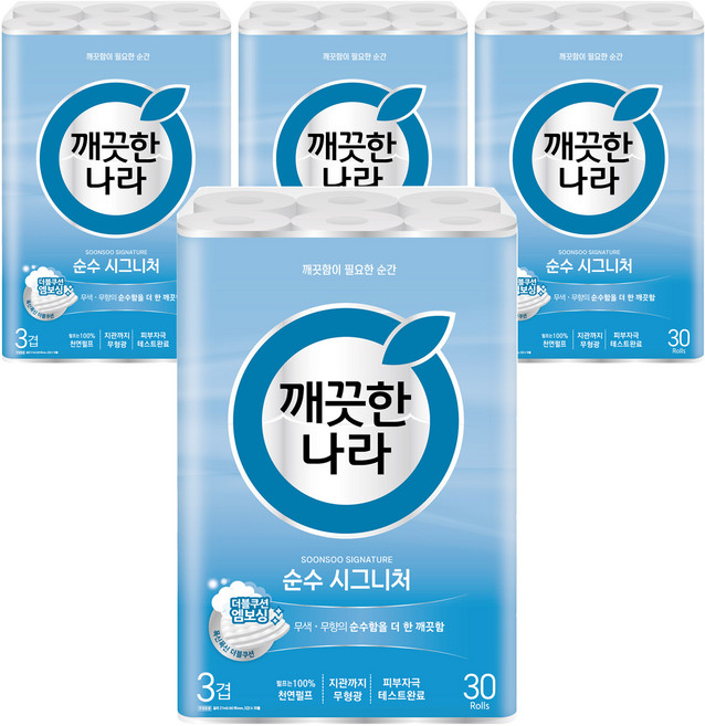 깨끗한나라 순수 시그니처 천연펄프 3겹 롤화장지, 27m, 30개입, 4개