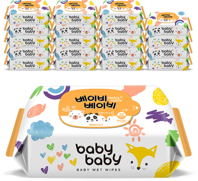 베이비베이비 아기 물티슈 휴대용 리필형, 62g, 20매, 20개