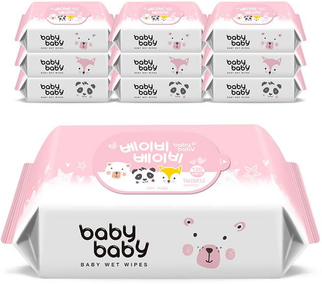 베이비베이비 트윙클 아기물티슈 리필형 43평량, 43g, 120매, 10팩