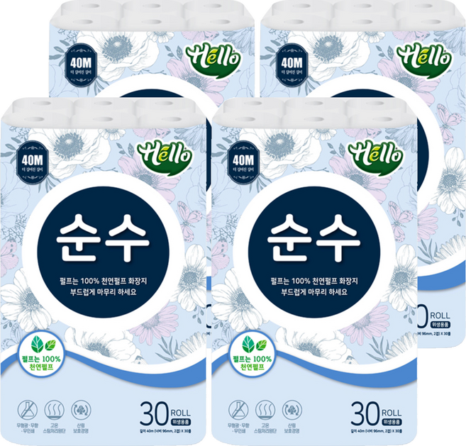 헬로 순수 천연펄프 2겹 롤화장지, 40m, 30개입, 4개