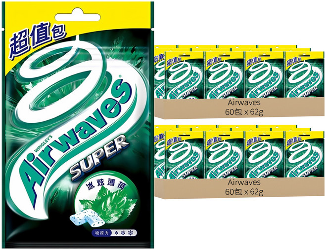 Airwaves Super 極酷嗆涼無糖口香糖 冰炫薄荷, 62g, 120包