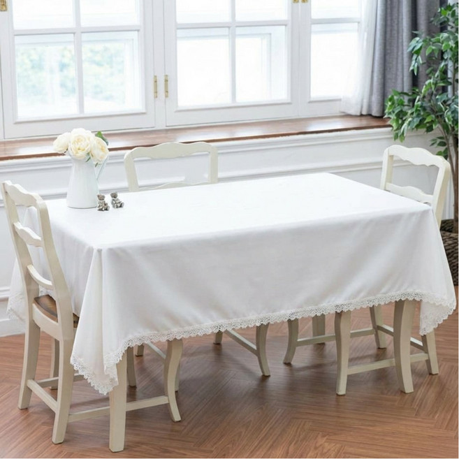 제이에스맘 무지 단색 레이스 방수 식탁보, 화이트, 6인(140x220cm), 1개