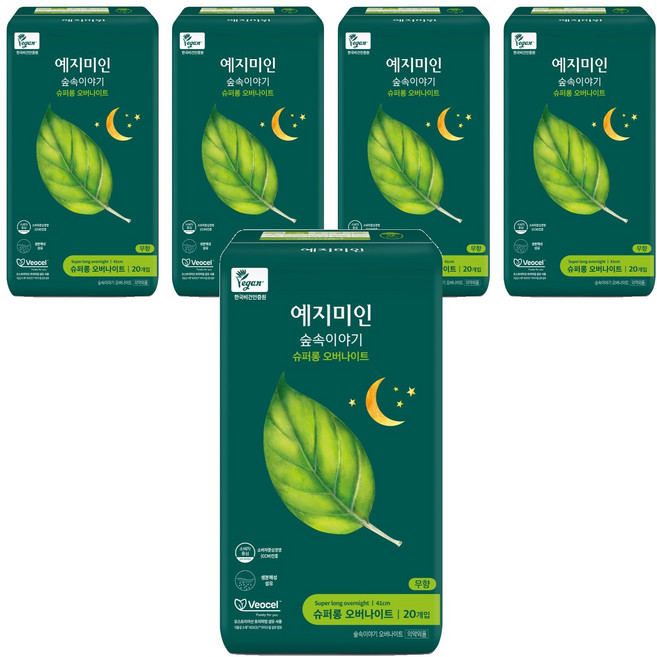 예지미인 숲속이야기 비오셀 슈퍼롱 오버나이트 생리대 날개형, 패드형, 20개입, 5개