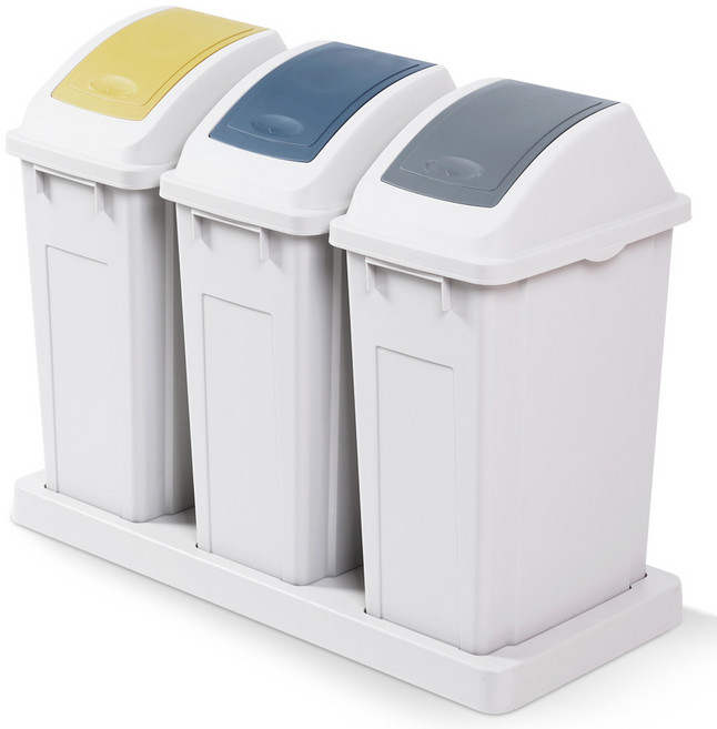 프랑코홈 대용량 분리수거함 3칸 150L + 3단 발판, 그레이 + 옐로우 + 네이비