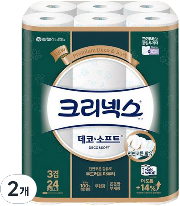 크리넥스 천연펄프 데코 소프트 3겹 화장지, 30m, 24롤, 2개
