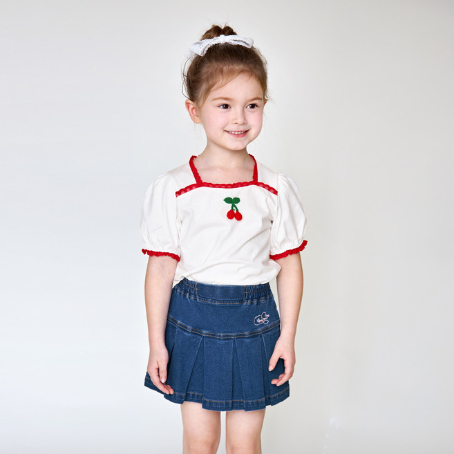 월튼키즈 여아용 통기성 앵두 레이스 퍼프 티셔츠