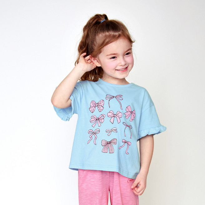 월튼키즈 여아용 통기성 리본파티 박시 프릴 티셔츠