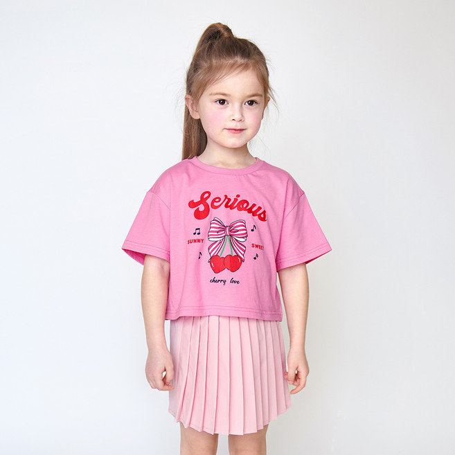 월튼키즈 여아용 통기성 체리 리본 크롭 티셔츠