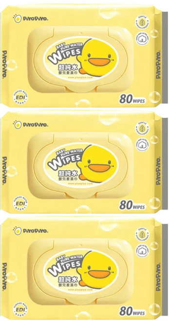 PiYOPiYO 黃色小鴨 純水嬰兒柔濕巾 EDI超純水 柔嫩舒適 徹底潔膚, 80張, 3包
