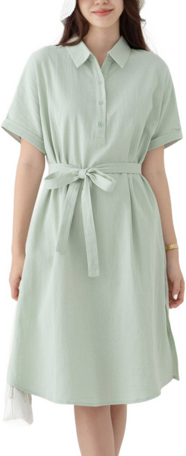 CARET 女款棉質短袖襯衫連身裙 附腰帶, 薄荷綠