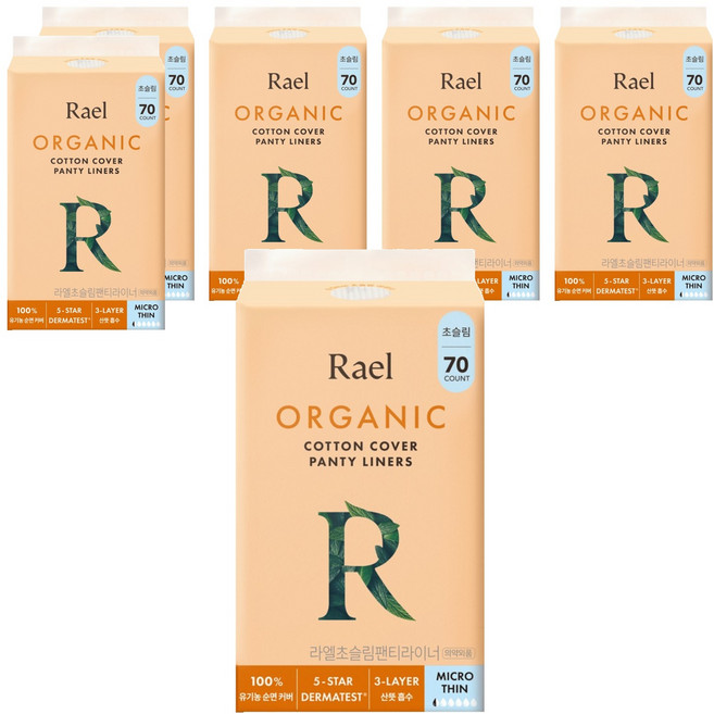 라엘 유기농 순면커버 초슬림 팬티라이너, 일반, 70개입, 6개