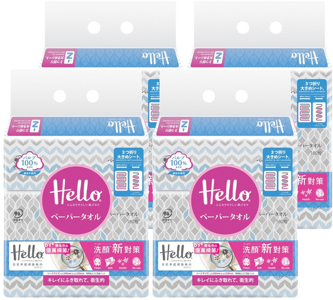 日本 Hello 日式手感擦臉紙巾 拋棄式 24 x 22cm 180張, 3包, 4袋