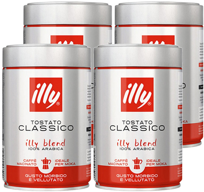 illy 意利 經典烘焙 摩卡 Clasico 磨碎咖啡粉, 摩卡壺, 250g, 4個