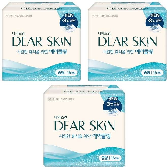 디어스킨 에어쿨링 생리대 날개형, 중형, 16개입, 3세트