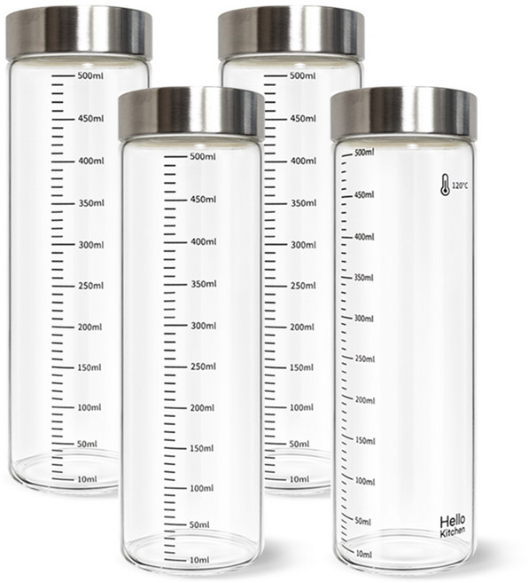 헬로키친 내열유리 눈금 유리병, 500ml, 4개