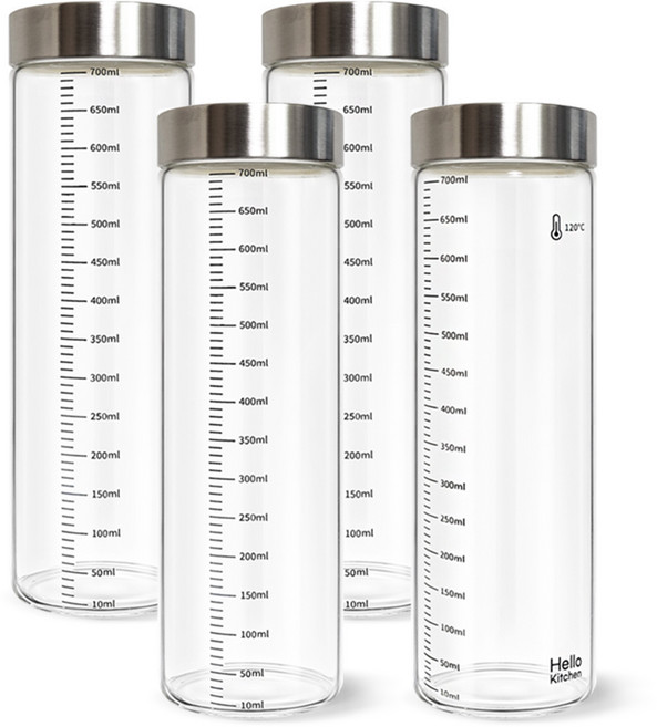 헬로키친 내열유리 눈금 유리병, 700ml, 4개