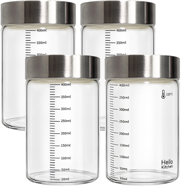 헬로키친 내열유리 눈금 유리병 와이드형, 400ml, 4개