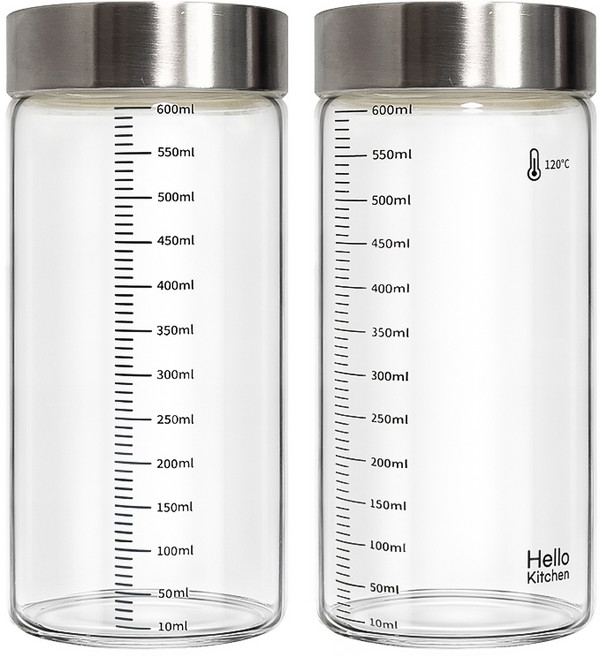 헬로키친 내열유리 눈금 유리병 와이드형, 600ml, 2개