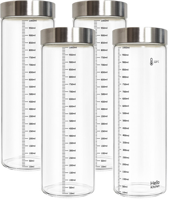 헬로키친 내열유리 눈금 유리병 와이드형, 1L, 4개