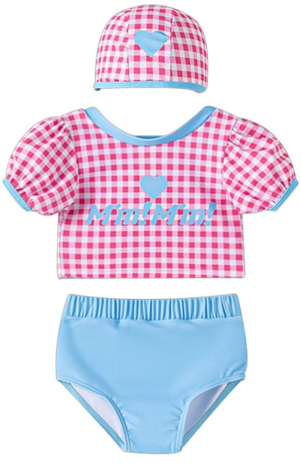 愛北鼻 夏季兒童兩件式泳裝 上衣+泳褲+泳帽 粉愛心格紋 藍色 + 白色