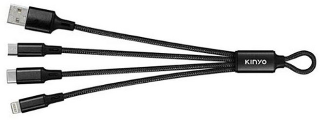 Kinyo 三合一隨身輕巧快充線 3A大電流 Type-C + 8 PIN + Micro USB 20g, 黑色, 1條, 18cm