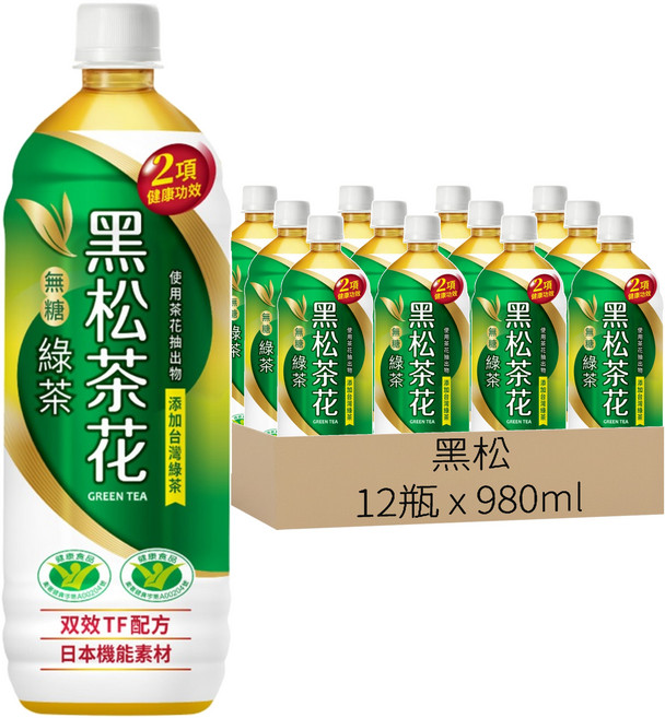 黑松 茶花 無糖綠茶, 980ml, 12瓶