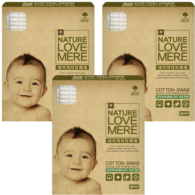 NATURE LOVE MERE 嬰幼兒衛生棉花棒 圓筒型, 80支, 3盒