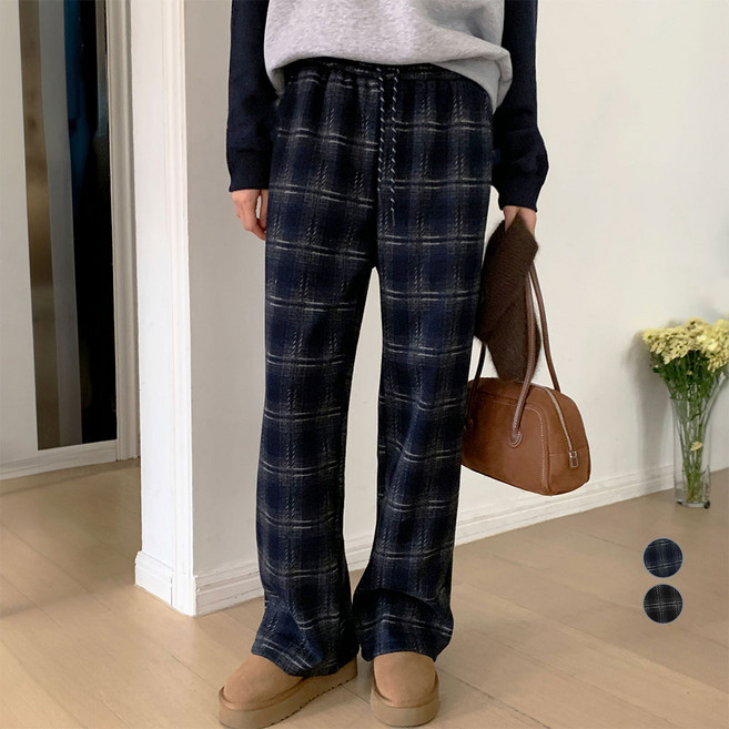 afinar 女款絨毛大格紋鬆緊帶長褲