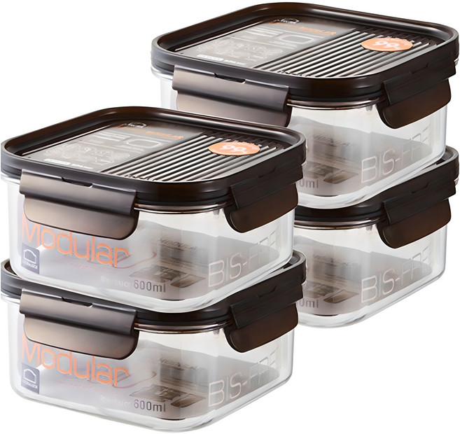 락앤락 비스프리 모듈러 정사각 밀폐용기, 4개, 600ml