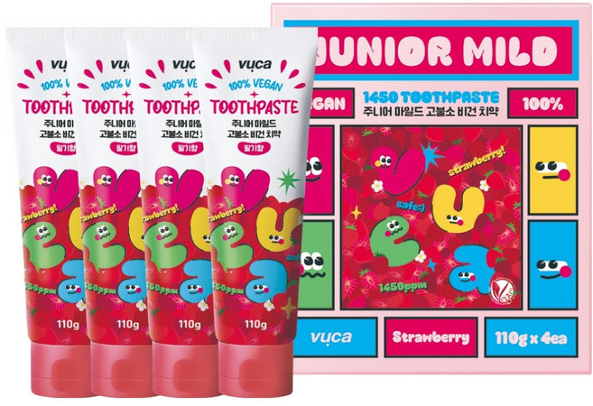 뷰카 주니어 마일드 고불소 구취케어 비건 어린이 치약 딸기향, 110g, 4개