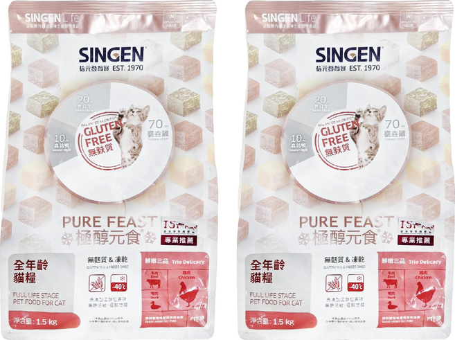 SINGEN 信元發育寶 鮮嫩三品 全年齡貓 乾糧, 雞肉 + 牛肉 + 鴨肉, 1.5kg, 2包