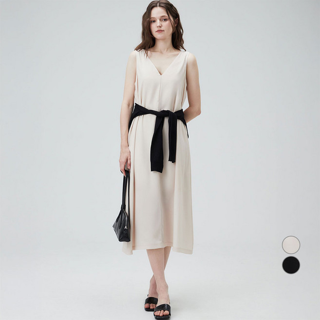 ELLEPARIS 여성용 크링클 새틴 딥 브이넥 민소매 원피스