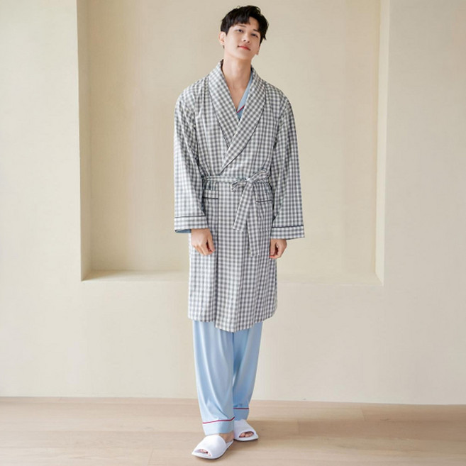 루나루즈 남성용 클래식체크 코튼 로브가운
