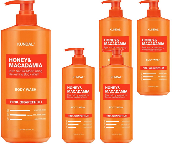 쿤달 허니 앤드 마카다미아 퓨어 바디워시 핑크그레이프프룻향, 1.058L, 5개