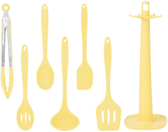 인블룸 실리콘 조리도구 키친툴 국자 + 건지기 + 집게 + 요리스푼 + 스파츌라 + 뒤집개 + 스탠드 세트, 7종, 버터옐로우, 1세트