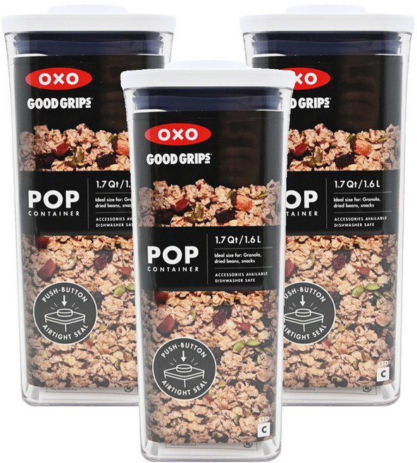 OXO Good Grips系列 按壓式正方形密封罐, 容器 + 蓋子, 3個