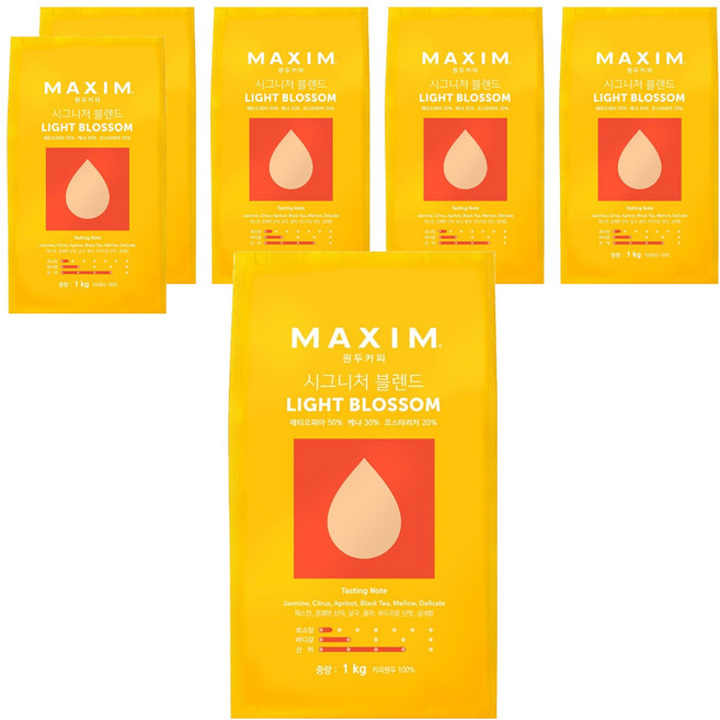 맥심 원두커피 시그니처 블렌드 라이트 블로섬, 홀빈(분쇄안함), 1kg, 6개