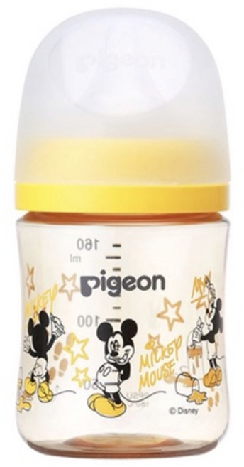 pigeon 貝親 實感哺乳塑膠奶瓶 0個月以上, 米奇 黃色 + 透明色, 160ml, 1瓶