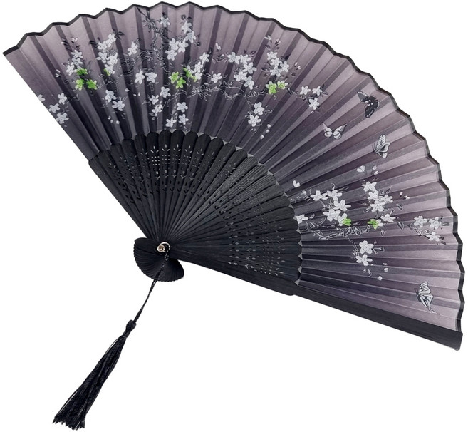 꽃과 나비 수공예 타공 실크 부채, 검정색블랙본, 1개