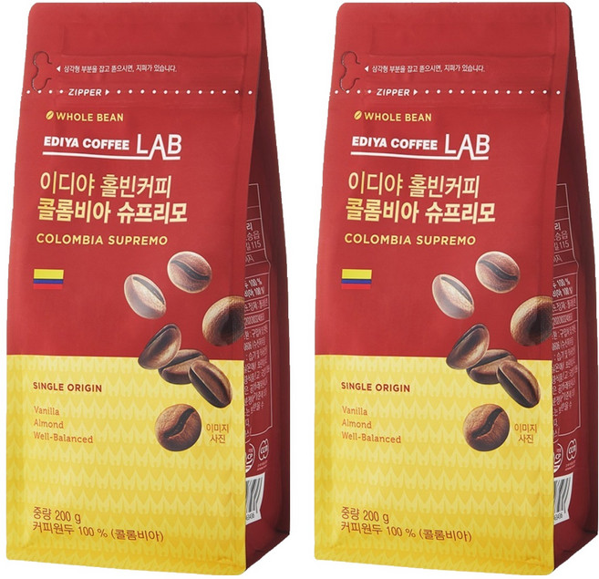 이디야커피연구소 콜롬비아 슈프리모 원두, 홀빈(분쇄안함), 200g, 2개