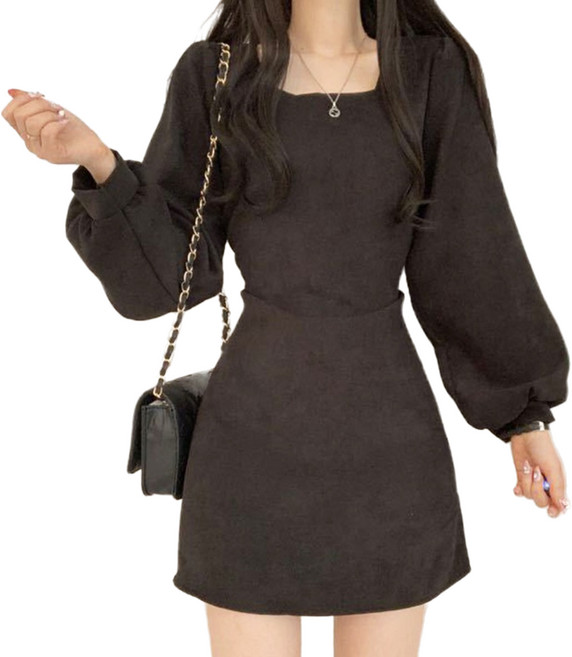 方領收腰顯瘦後綁帶長袖洋裝 長袖上衣