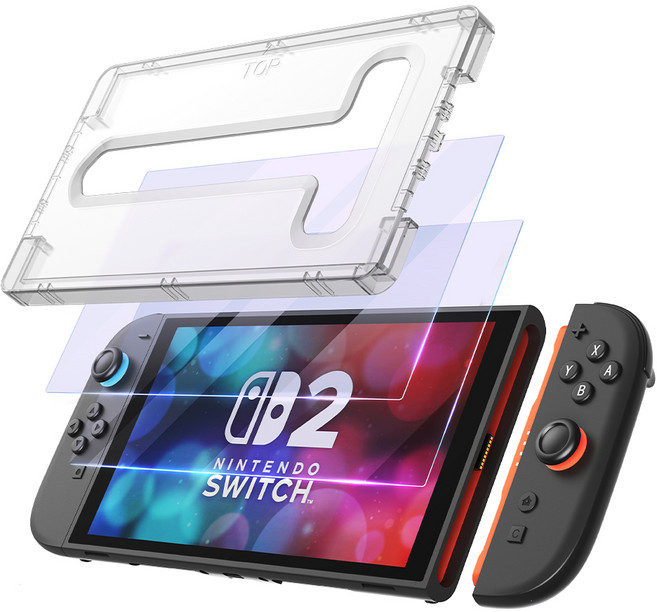 조이트론 닌텐도 스위치2 9H 강화 글라스 안티 블루 액정 보호필름 2p + 부착 가이드 툴 세트, 투명, 1개, SW2-FILM02